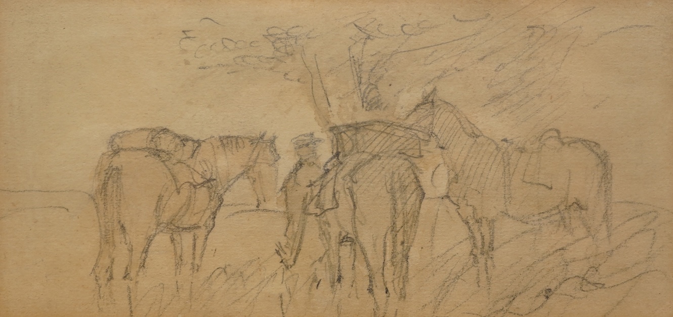 Baron László Mednyánszky, Hungarian (1852-1919), A figure and three horses in a landscape